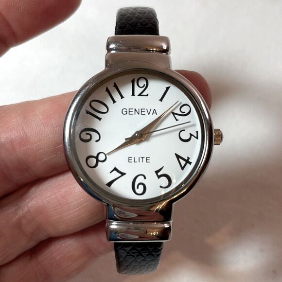 GENEVA Elite Easy to Read silver watch black leather cuff - Picture 1 of 9